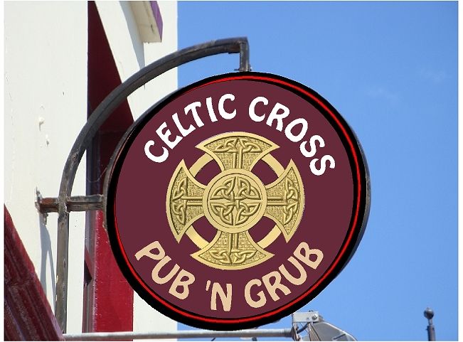 RB27621 - Carved Wood Irish Pub & Restaurant Sign with Celtic Cross