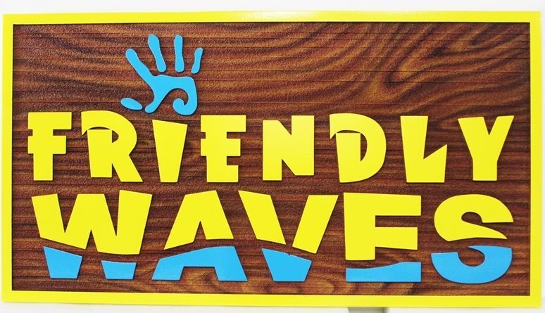L21186A - Carved Seacoast Home Sign, "Friendly Waves” , features  a Stylized Wave, a Handprint in the Sand, and a Painted Wood Grain Background