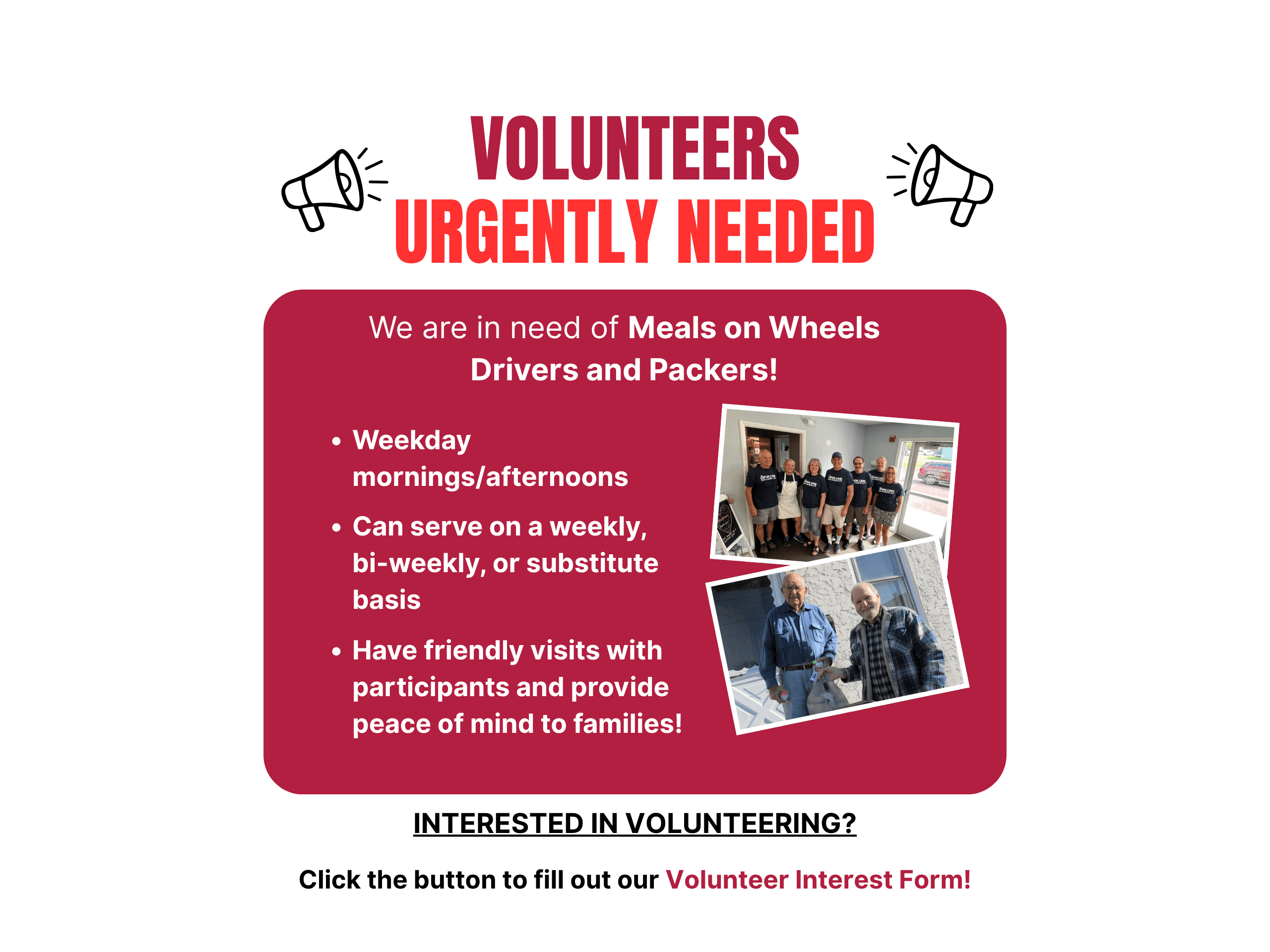 📢URGENT: MEALS ON WHEELS VOLUNTEERS NEEDED! 📢