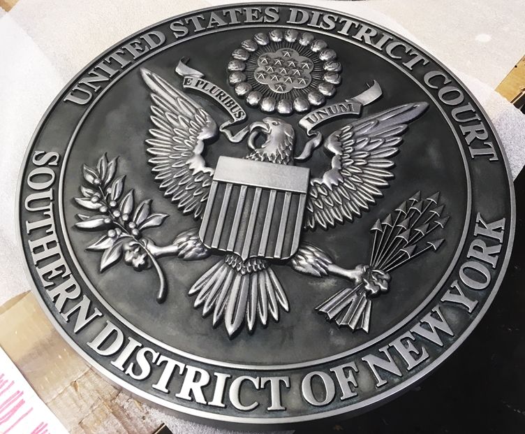 FP-1260 - Carved Plaque of the Seal  of the US District Court, Southern District of New York, Nickel-Silver Plated  