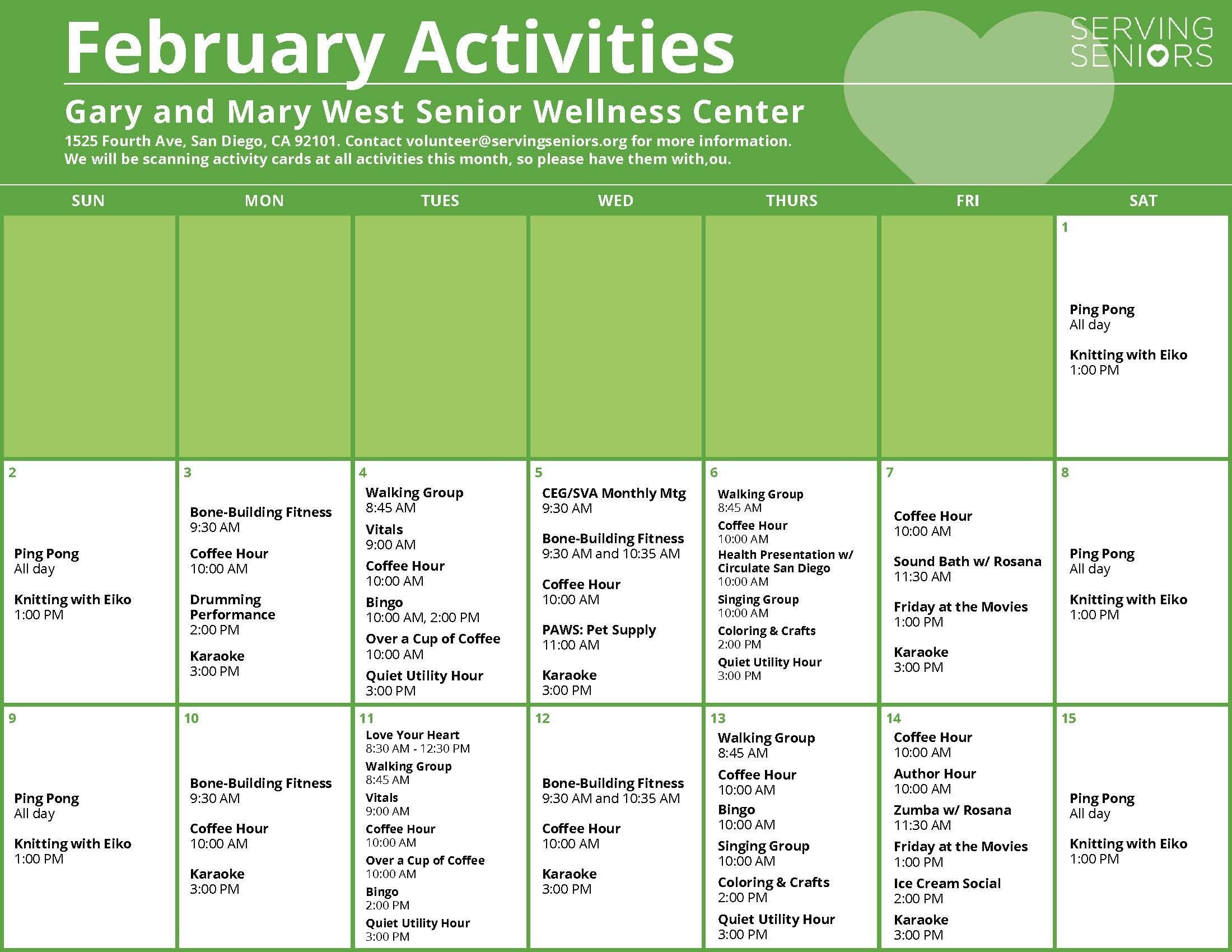 Click to download the Gary and Mary West Senior Wellness Center February Activities Calendar