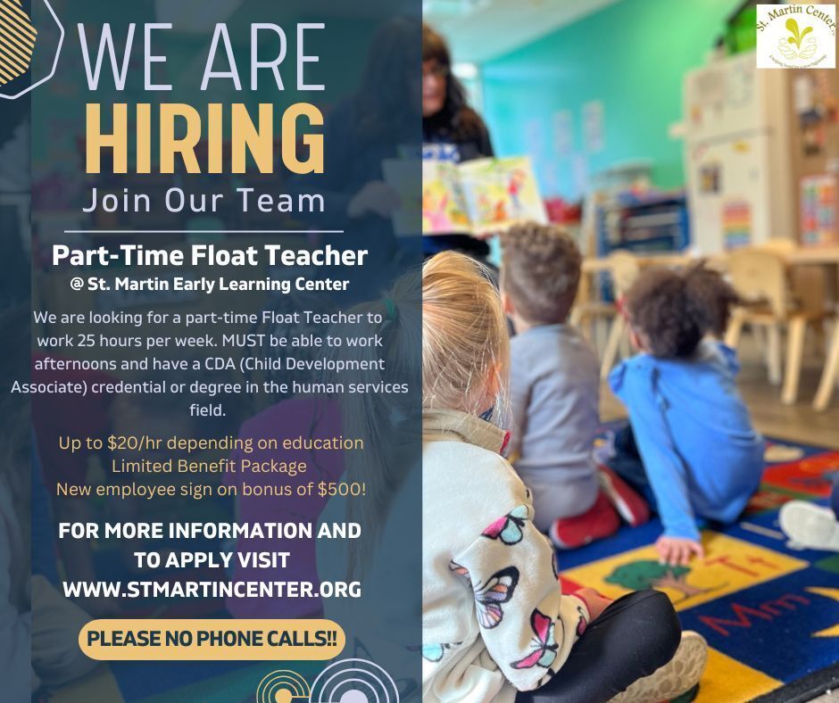 "Part Time Float Teachers needed," asking for FLOAT teachers.  MUST have a minimum of CDA, human services degree preferred