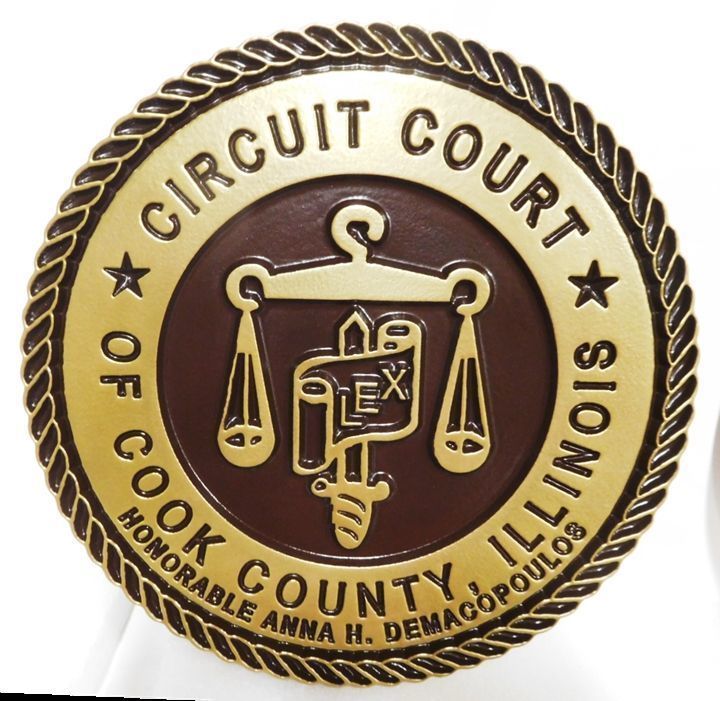 HP-1045 - Carved Plaque of the Seal of the Circuit Court of Cook County, Illinois , 2.5-D Multi-Level Relief,  , Painted Metallic Brass