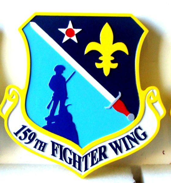 V31586 - Carved Wooden Wall Plaque of the Shield and Crest of the 159th Fighter Wing of the USAF