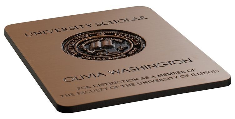 M7726 -  3-D Bas-relief and Engraved Cast Bronze Plaque for a University Scholar,  a Faculty Member of the University of Illinois