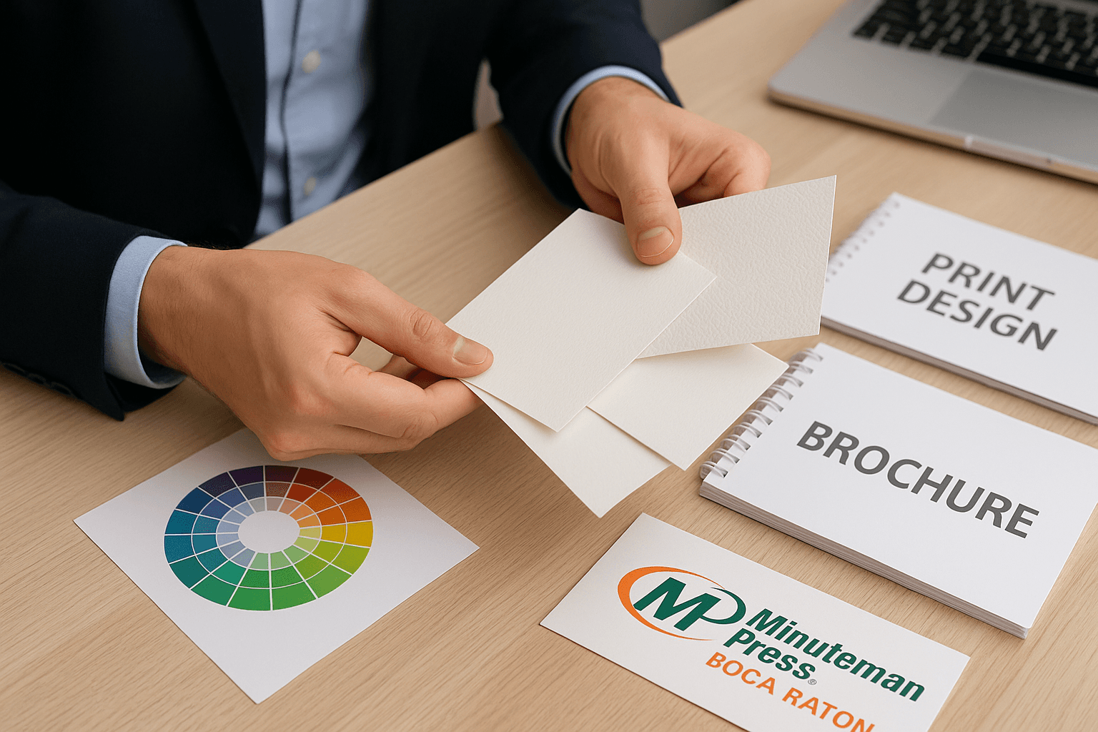 Close-up of a designer comparing different paper samples for print materials, showing textures and thickness options on a desk with Minuteman Press Boca Raton branding visible.