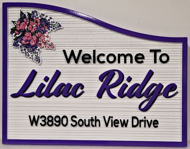 GA16706 - Carved and Sandblasted Address Sign "Welcome to Lilac Ridge"