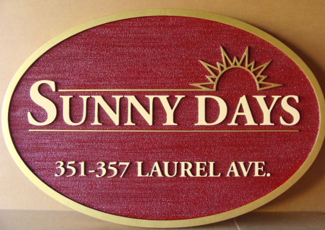 K20202 - Carved and Sandblasted Address Entrance Sign for Sunny Days Residential Community, with Stylized Rising Sun 