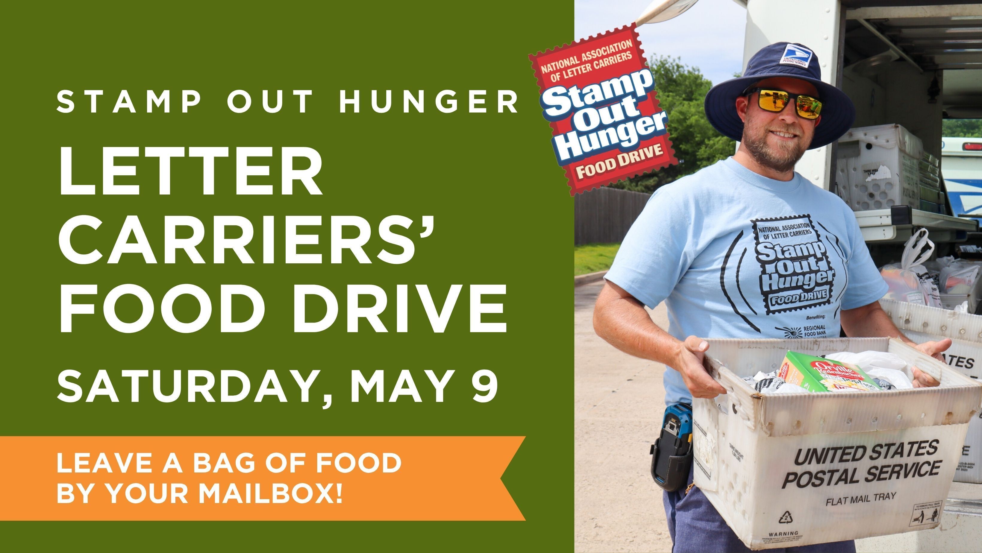 Mail Carrier hold a tote full of donated food.
