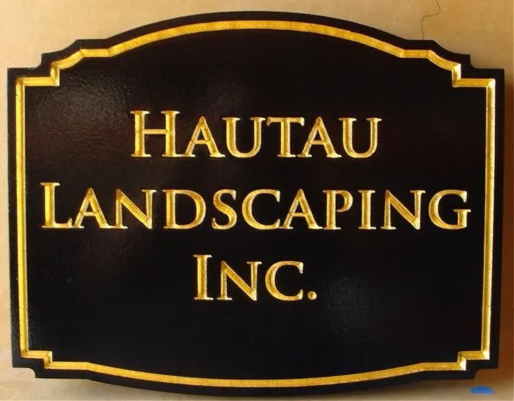 SC38206- Engraved Sign for "Hautau Landscaping , Inc." with 24K Gold Leaf Gilded Letters and Border