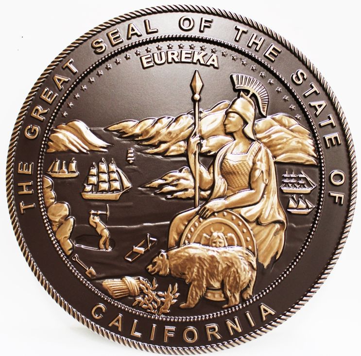 BP-1066 - Carved Plaque of Seal of the State of California, 3-D Bronze-Plated with Dark Bronze Background 