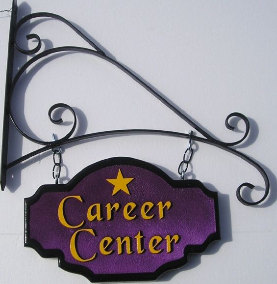 SA28676 - Carved and Sandblasted Career Center Sign with Star Logo Hung from Scroll Bracket