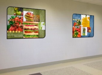 2 large food art murals in school hallway, large custom signs for school
