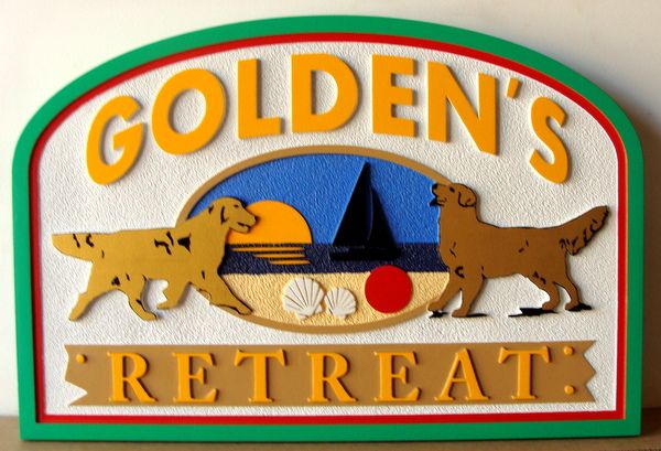 L21091 - Carved and Sandblasted HDU Beach House "Golden's Retreat" Sign, with Two Golden Retreivers 