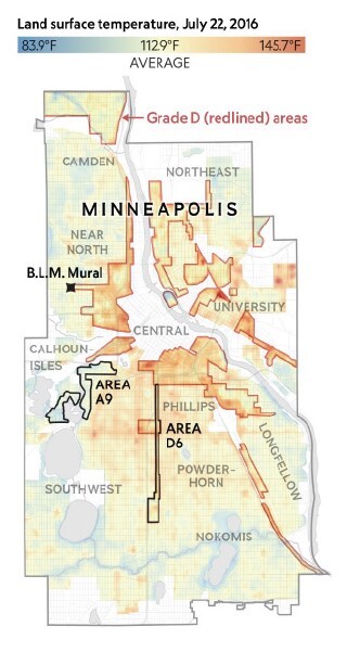 Minneapolis map showing temperatures in redlined areas being higher than non-redlined areas