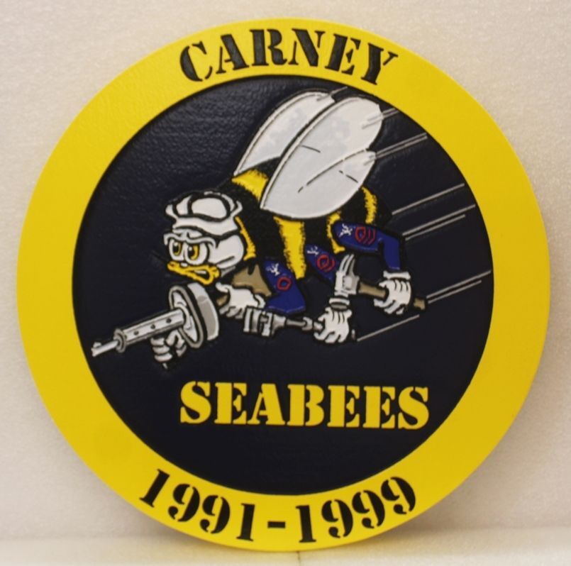 JP-2270 - Carved  2.5-D Multi-Level Artist-Painted Personalized Plaque of the Seabees Logo