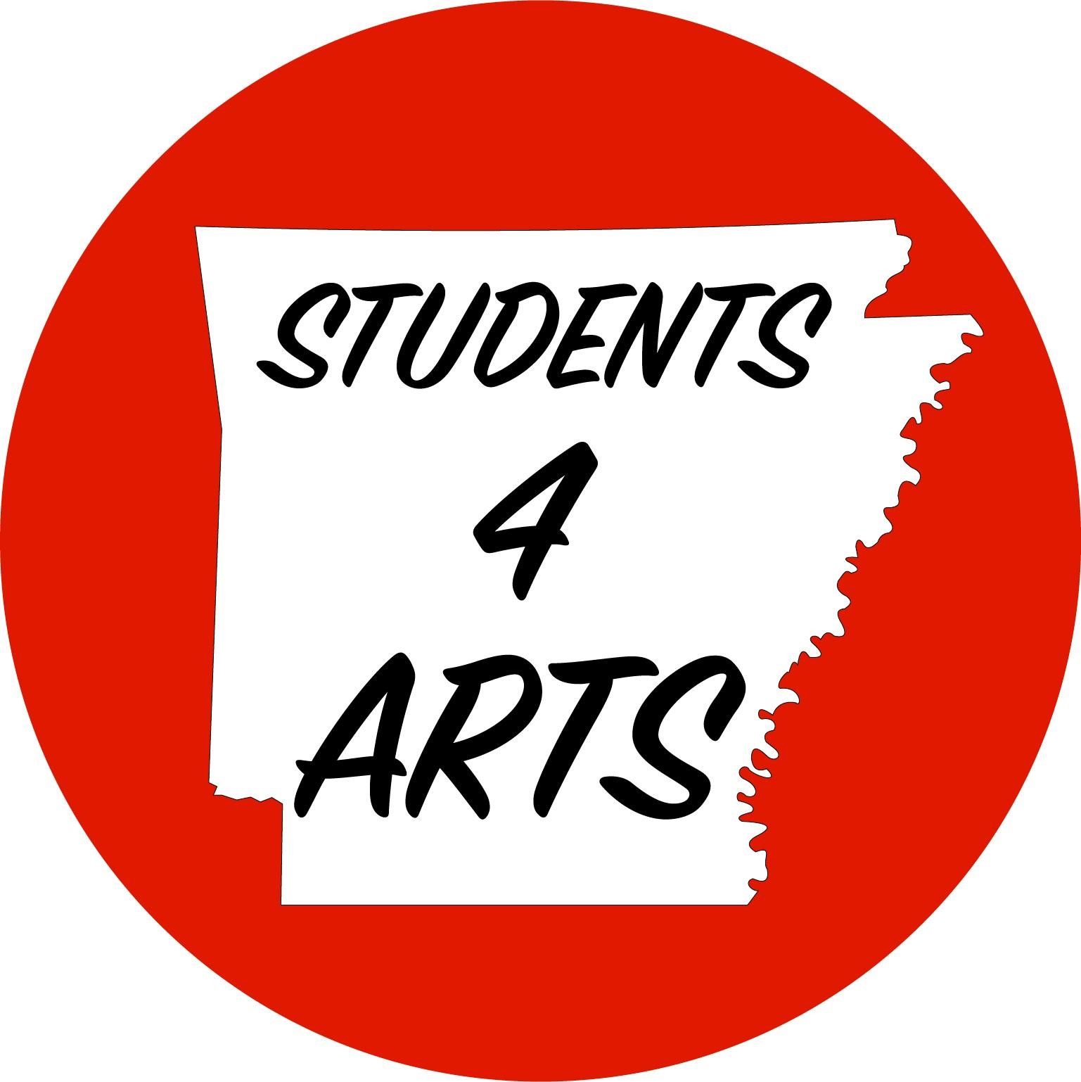 Students for the Arts Logo: A red circle with a white silhouette of the state of Arkansas in the center. Text reads: "Students 4 Arts"