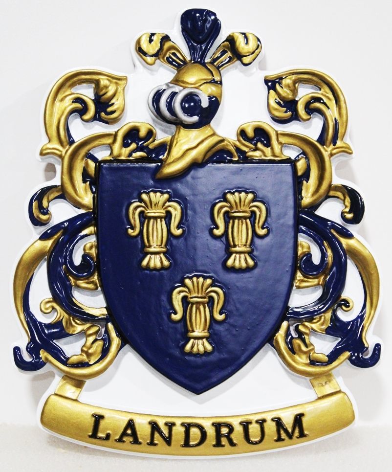 XP-1036 - Carved 3-D HDU Plaque of the Coat-of-Arms for Landrum Family with  a Helmet and Shield  