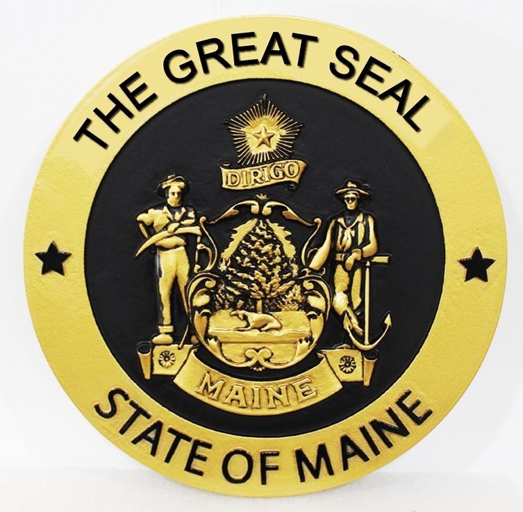 BP-1253 - Carved 3-D Bas-Relief HDU Plaque of the Great Seal of the State of Maine, Painted in Gold and Black