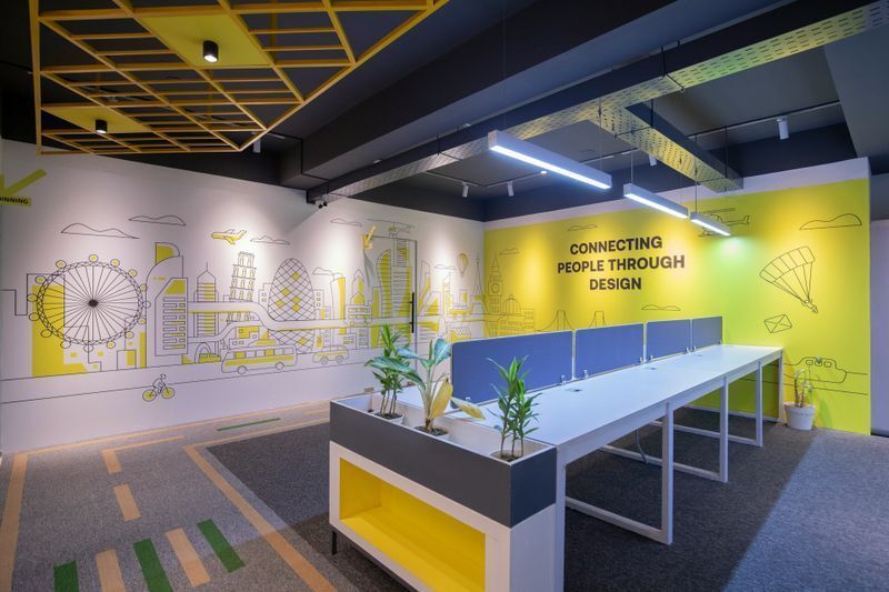 Vibrant office wall graphics displaying city landmarks to maximize blank architectural space and reinforce strong corporate office branding.