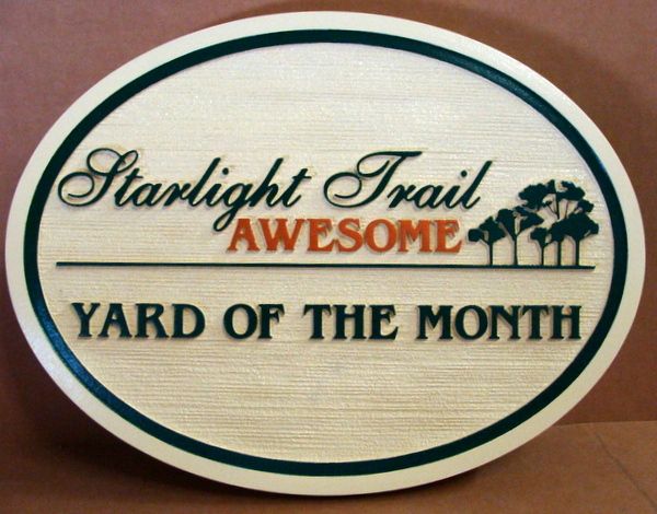 KA20941 - Sandblasted, HDU Yard-of-the-Month Sign for Starlight Trail HOA, with "5 Trees" Logo