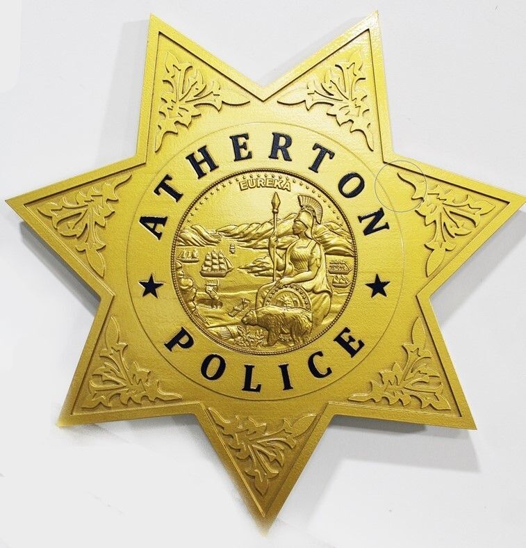 PP-1744 - Carved 3-D Bas-Relief HDU Plaque of a Badge of  a Police Officer of the City of Atherton, California