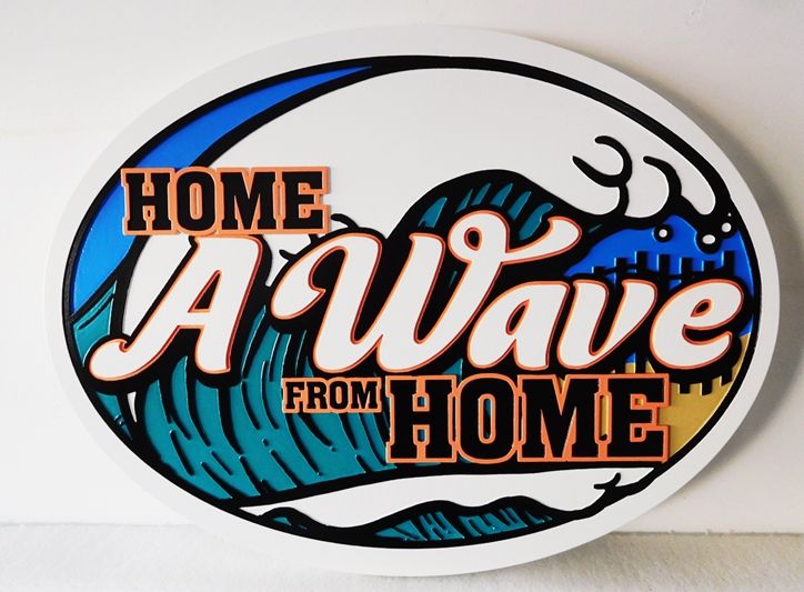 L21712 - Carved Sign for "Home A Wave from Home"  Beach House , with Stylized Surf as Artwork