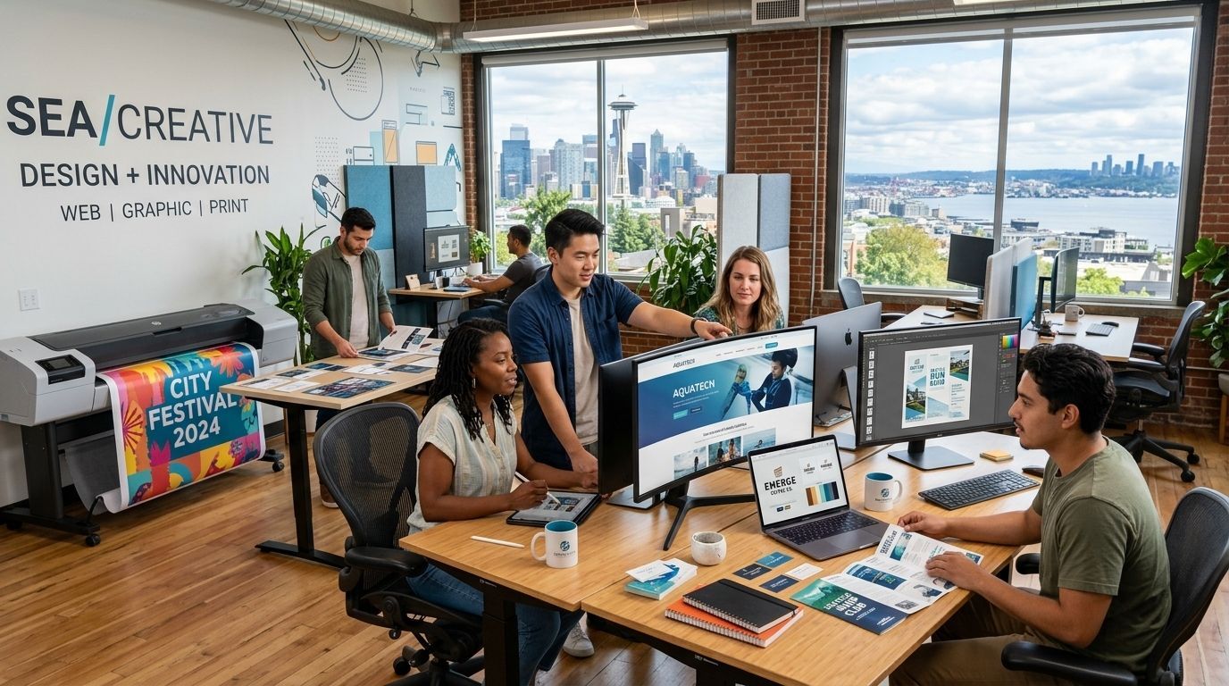 Design services in Seattle WA showing web design, graphic design printing services, and custom print materials being created in a modern studio environment