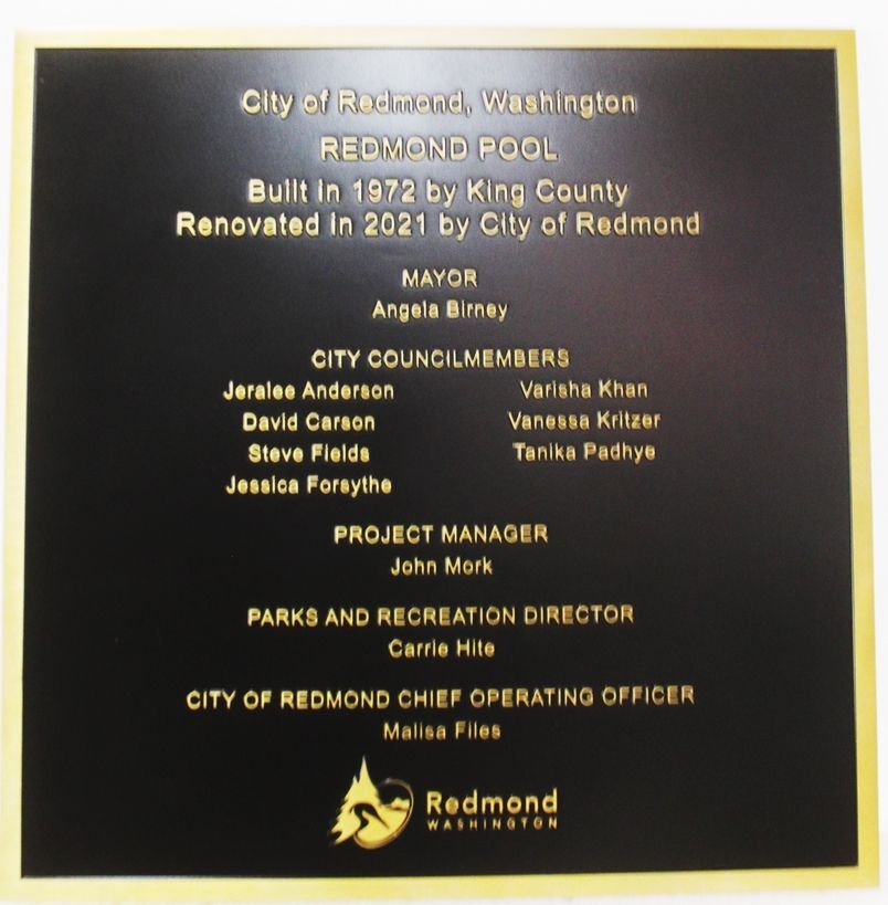 SB1404 - Precision Machined Solid Aluminum Dedication Plaque for Redmond Pool, City of Redmond, Washington State, with Brass Plated Text 