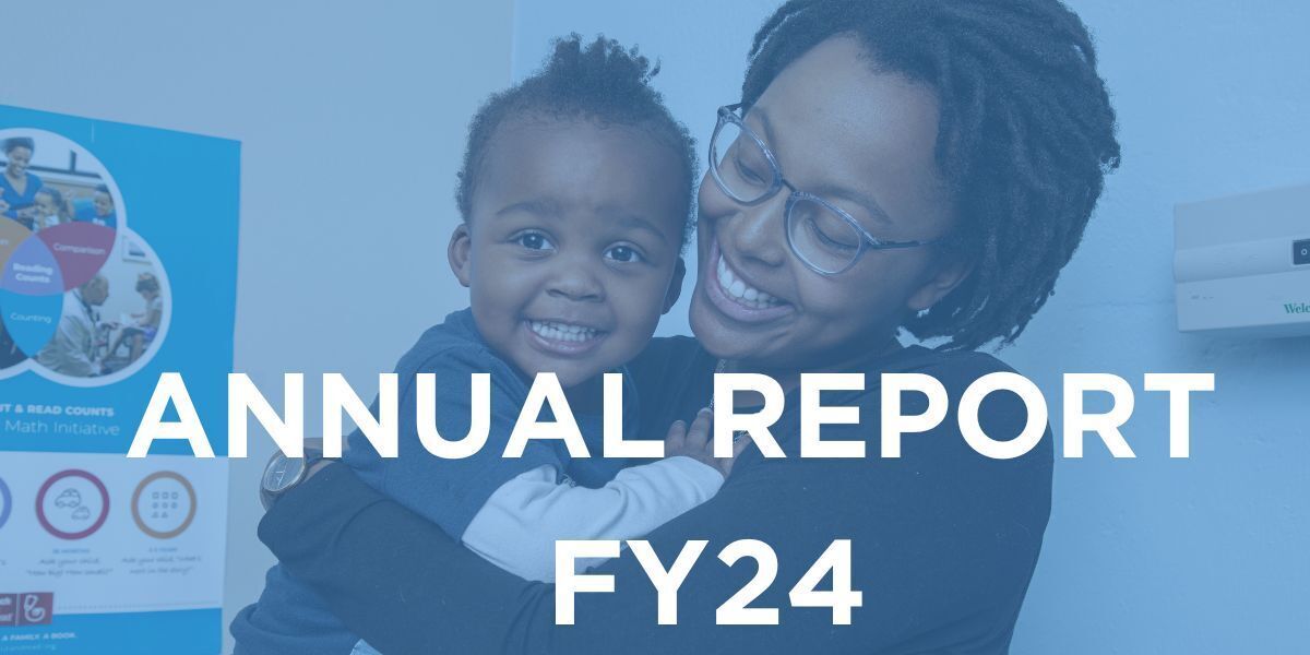 text:  "Annual Report FY24." image: young girl reads yellow book with doctor on left, mother on right