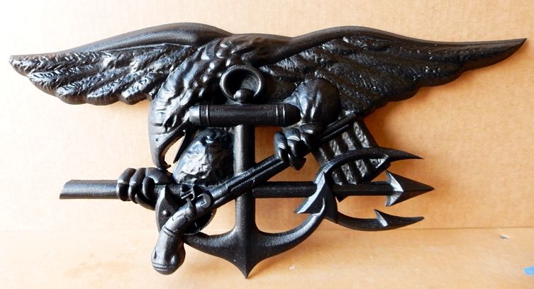 JP-1920 - Carved Plaque of Badge of  Navy Special Warfare Group (SEAL Team),  Painted Black