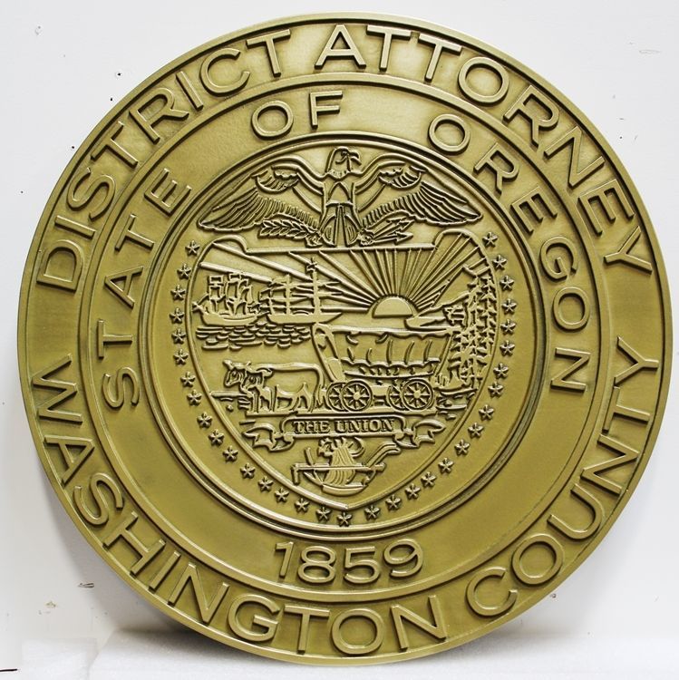 CP-1270 - Carved 2.5-D Brass-plated Plaque of the Seal of  the District Attorney of Washington  County, State of Oregon