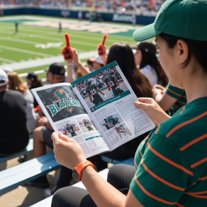 Fan reading a custom-printed Boca Raton Blazers football program in stadium bleachers, showing team logo cover and player profile pages