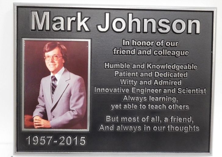 ZP-3005- Carved Memorial  Photo Plaque  for  Mark Johnson, Plated with German Silver