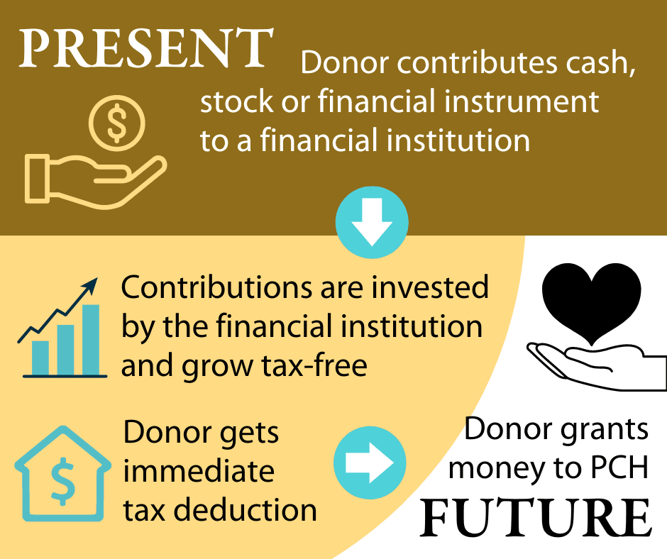Donor contributes cash stock or financial instrument to a financial institution in the present, then contributions are invested by the financial institution and grow tax-free, while the donor gets an immediate tax deduction and Pilgrim Center of Hope can 