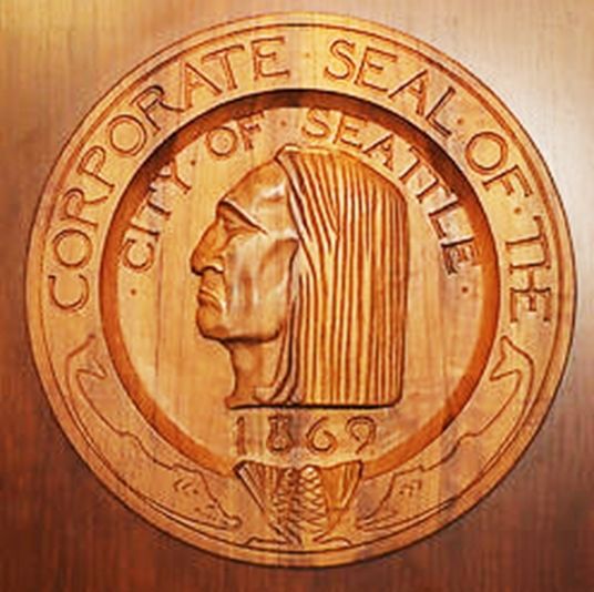 X33176 - Carved Wood Wall Plaque of the Seal of the City of Seattle, Washington