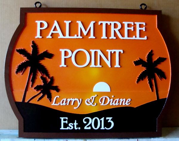 L21215 - 2.5-D Carved HDU Property Name Sign "Palm Tree Point" with Setting Sun over Ocean with Palm Trees