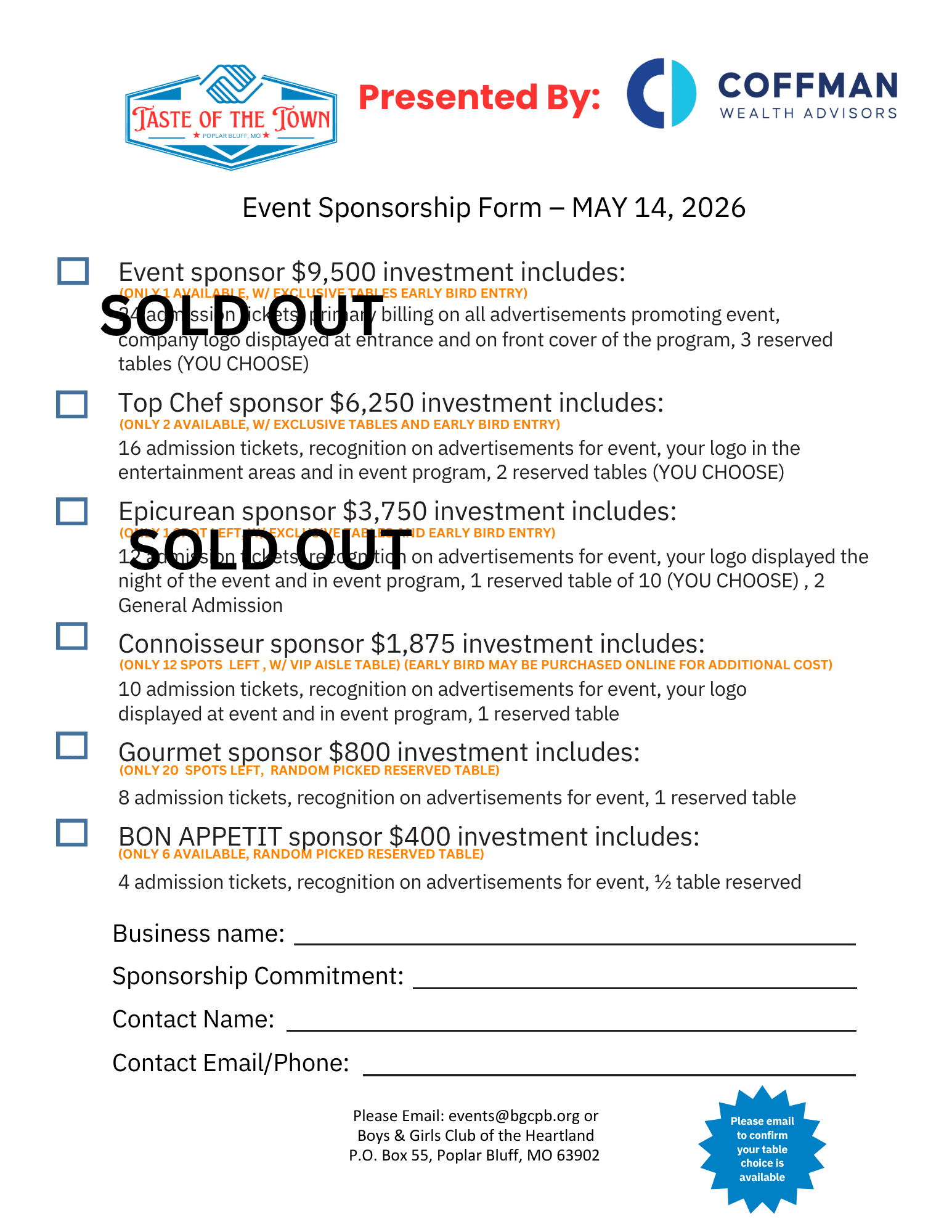 2026 TOT Sponsorship Levels