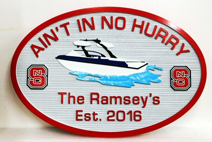 L21462 - Coastal Residence Address Sign "Ain't in No Hurray" features a  Powerboat at Speed as Artwork 