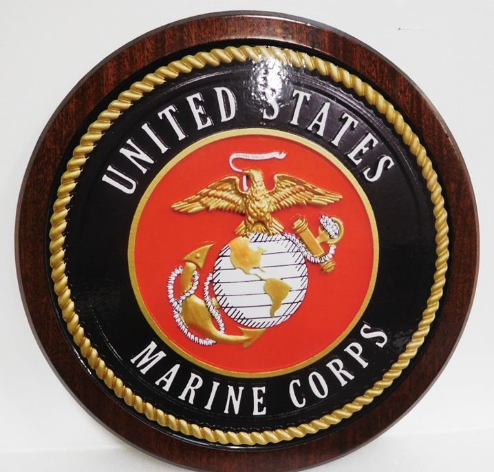 V31404 - Carved Emblem of the US Marine Corps,3-D Artist Painted, Mounted on Mahogany Wood
