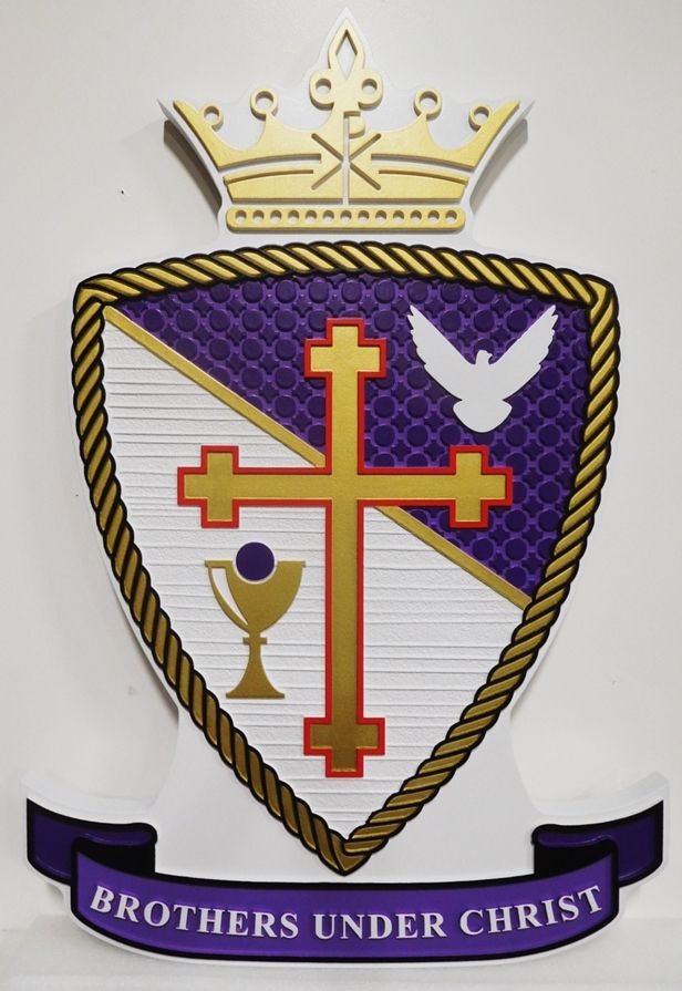 XP-3015- Carved Plaque of Coat-of-Arms of the Brothers under Christ, with Crown, Cross Shield and Banner