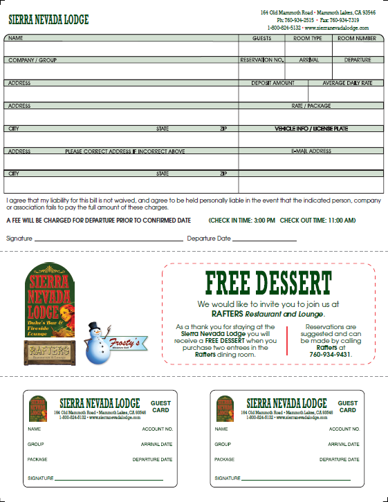 Sierra Nevada Lodge Registration Form with Peel-Off ID Cards