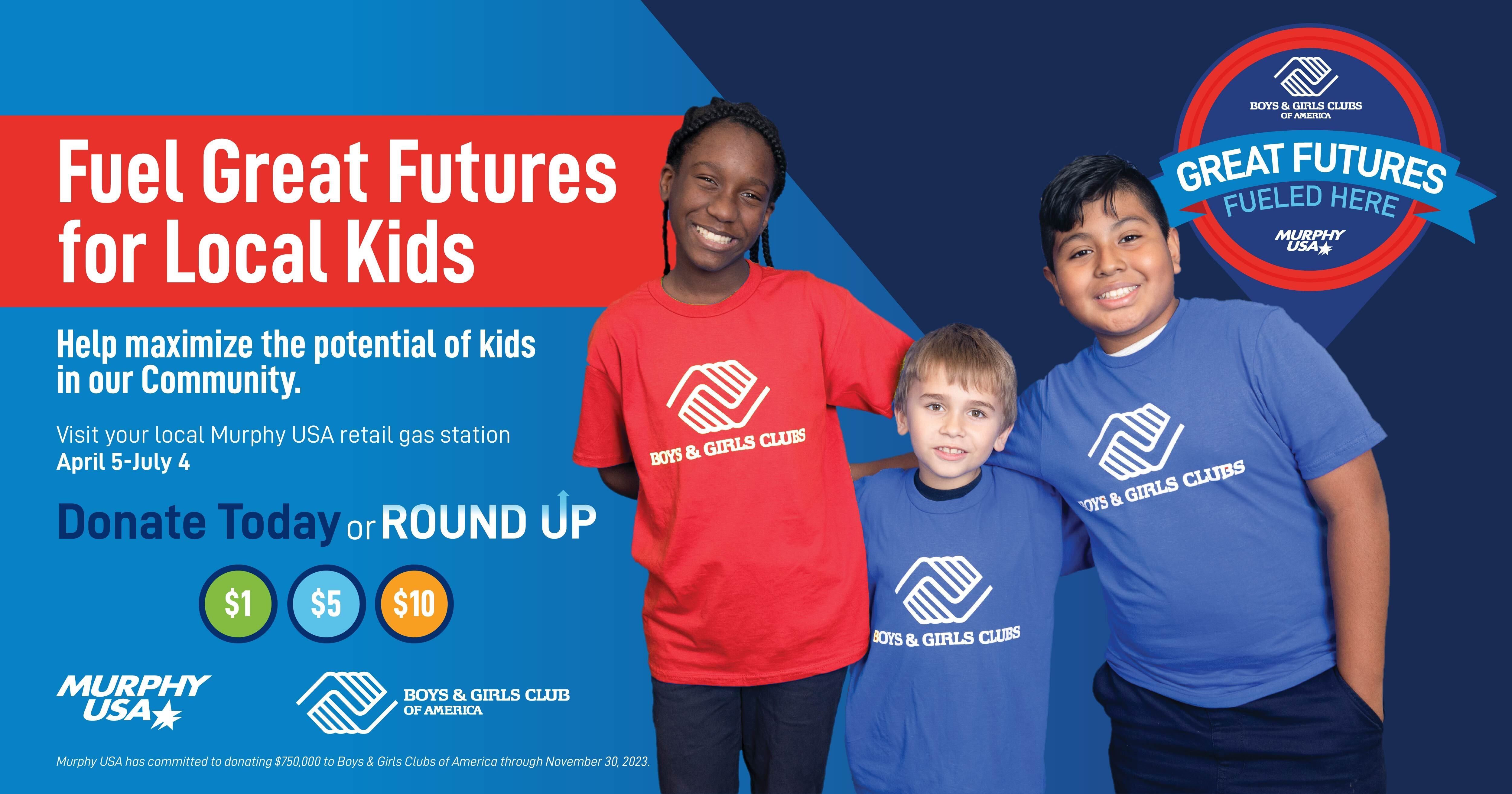 Smiling kids with a Great Futures Fueled Here banner