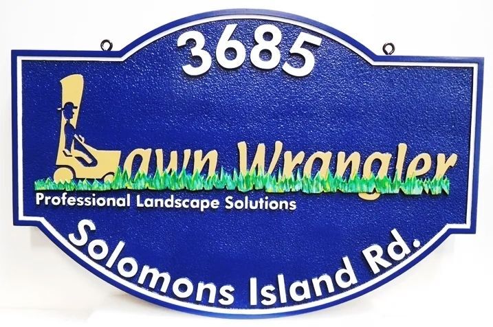  SC38214 -  Carved Hanging Address Sign made for the "Lawn Wrangler" Professional Landscape Solutions Business, 2.5-D Artist-Painted