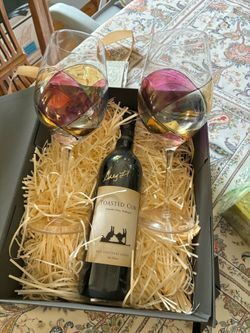 Signed Oak Knoll Toasted Cow Wine & Glasses