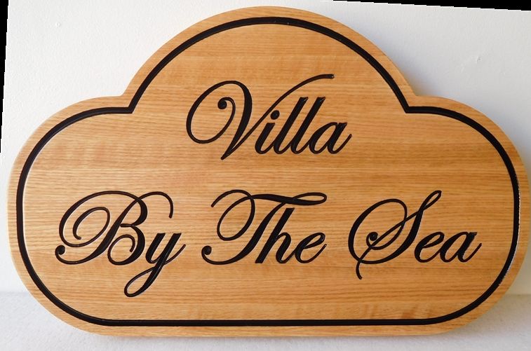 L22414 - Residence Sign "Villa by the Sea", Carved from Western Red Cedar Wood  Naturally Finished  