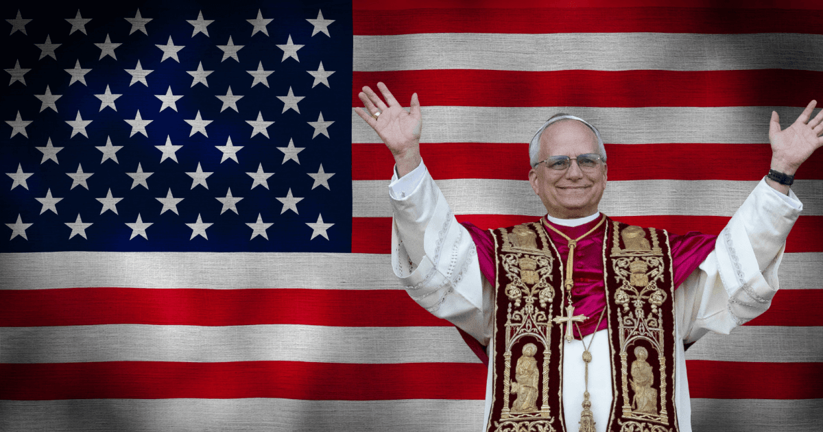 Pope Leo XIV with arms outstretched in front of the American flag