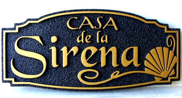 L21520 - Carved and Sandblasted Formal Seashore  Residence Sign with Shell, "Casa de La Sirena", Black & Gold