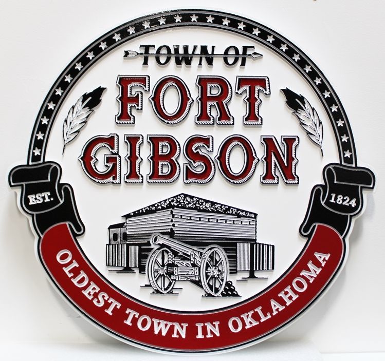 DP-1501 - Carved 2.5-D Raised and Engraved Artist-Painted HDU Plaque of the Seal of the Town of Fort Gibson, Oklahoma