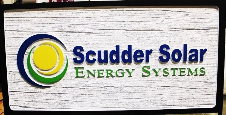 SC38330 - Carved 3-D  HDU Sign for Scudder Solar Energy Systems, with Carved 3-D Background to Simulate Sandblasted Wood